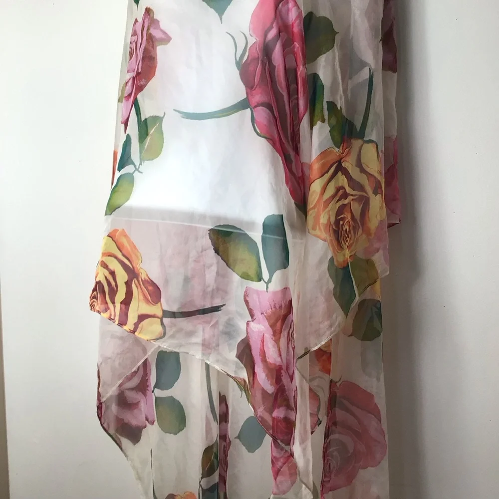 Sheer Floral Rose Scarf Wrap in White with Pink & Yellow Roses - Picture 3 of 4